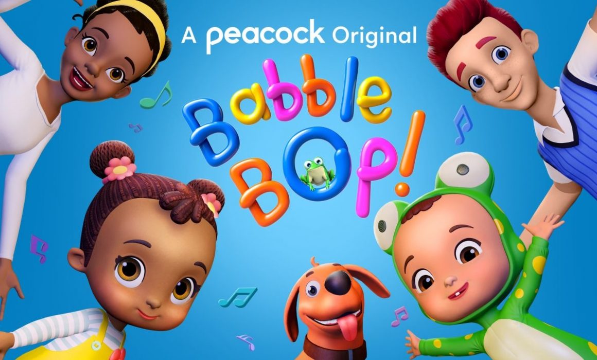 the title art for babble bop! the image has two adults and two kids around the edge of the image, with the words babble bop in a blue background