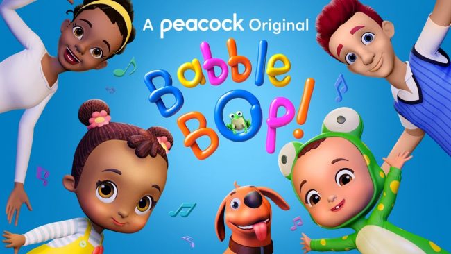 the title art for babble bop! the image has two adults and two kids around the edge of the image, with the words babble bop in a blue background